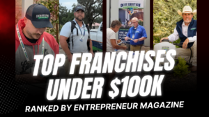 A collage showing Deer Solution franchise owners and technicians in the field, with bold text overlay stating "Top Franchises Under $100K Ranked by Entrepreneur Magazine
